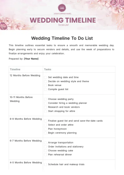 Free Wedding Timeline To Do List Template to Edit Online