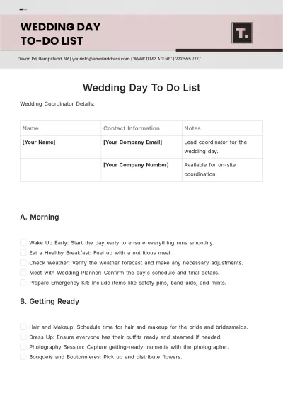 Free Wedding Day To Do List Template to Edit Online