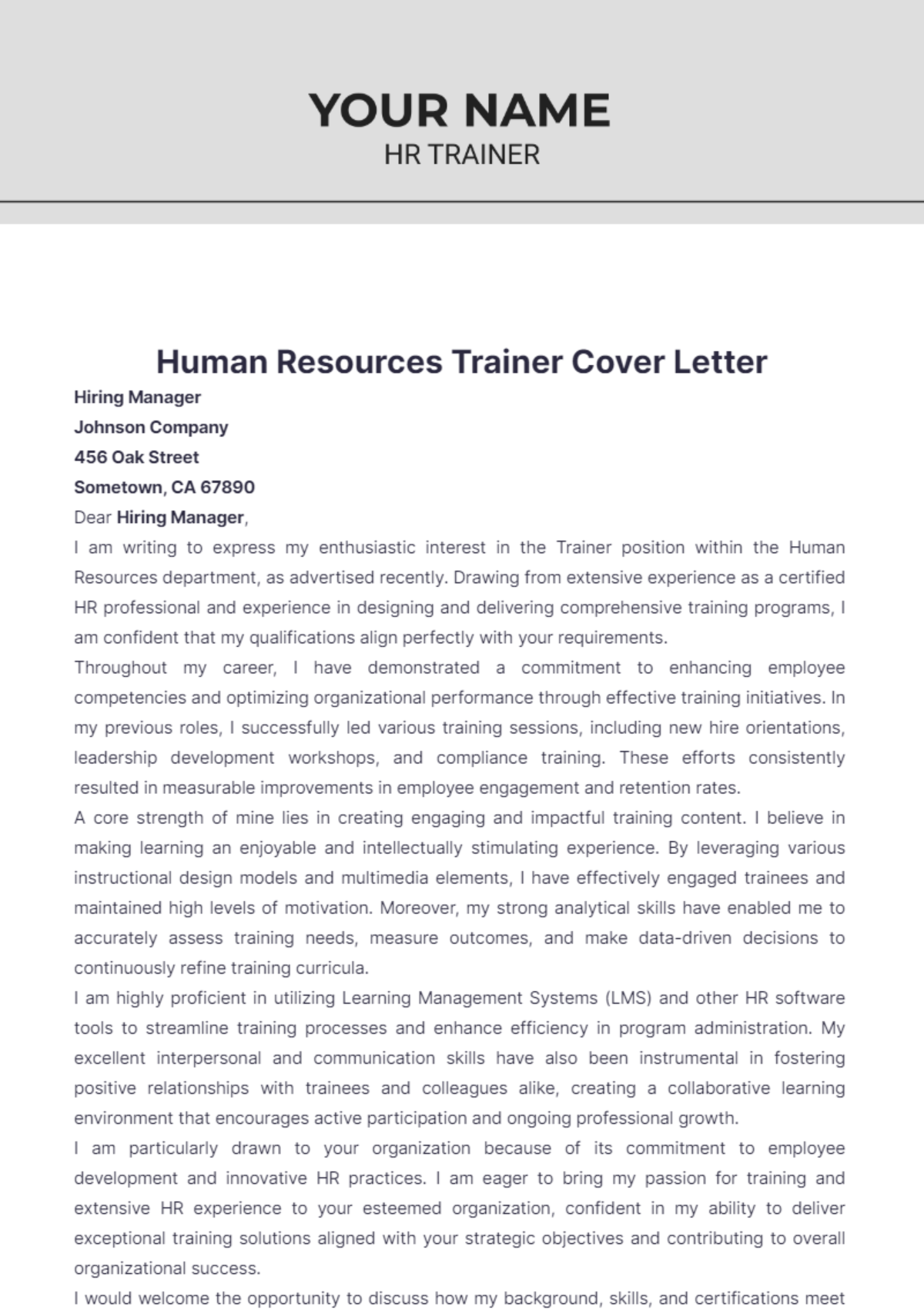 Human Resources Trainer Cover Letter