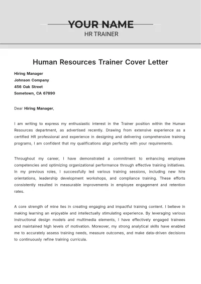 Free Human Resources Trainer Cover Letter to Edit Online