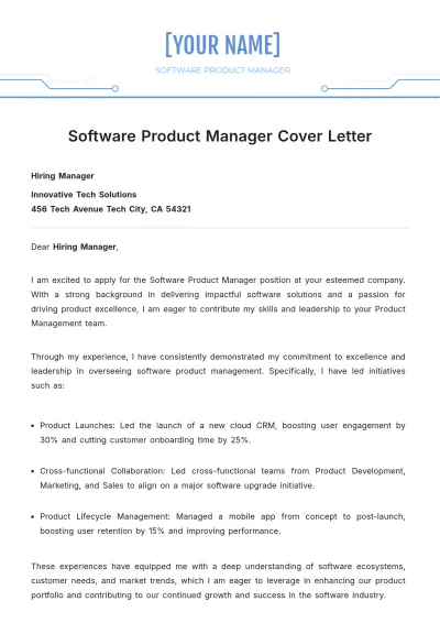 Free Software Product Manager Cover Letter to Edit Online