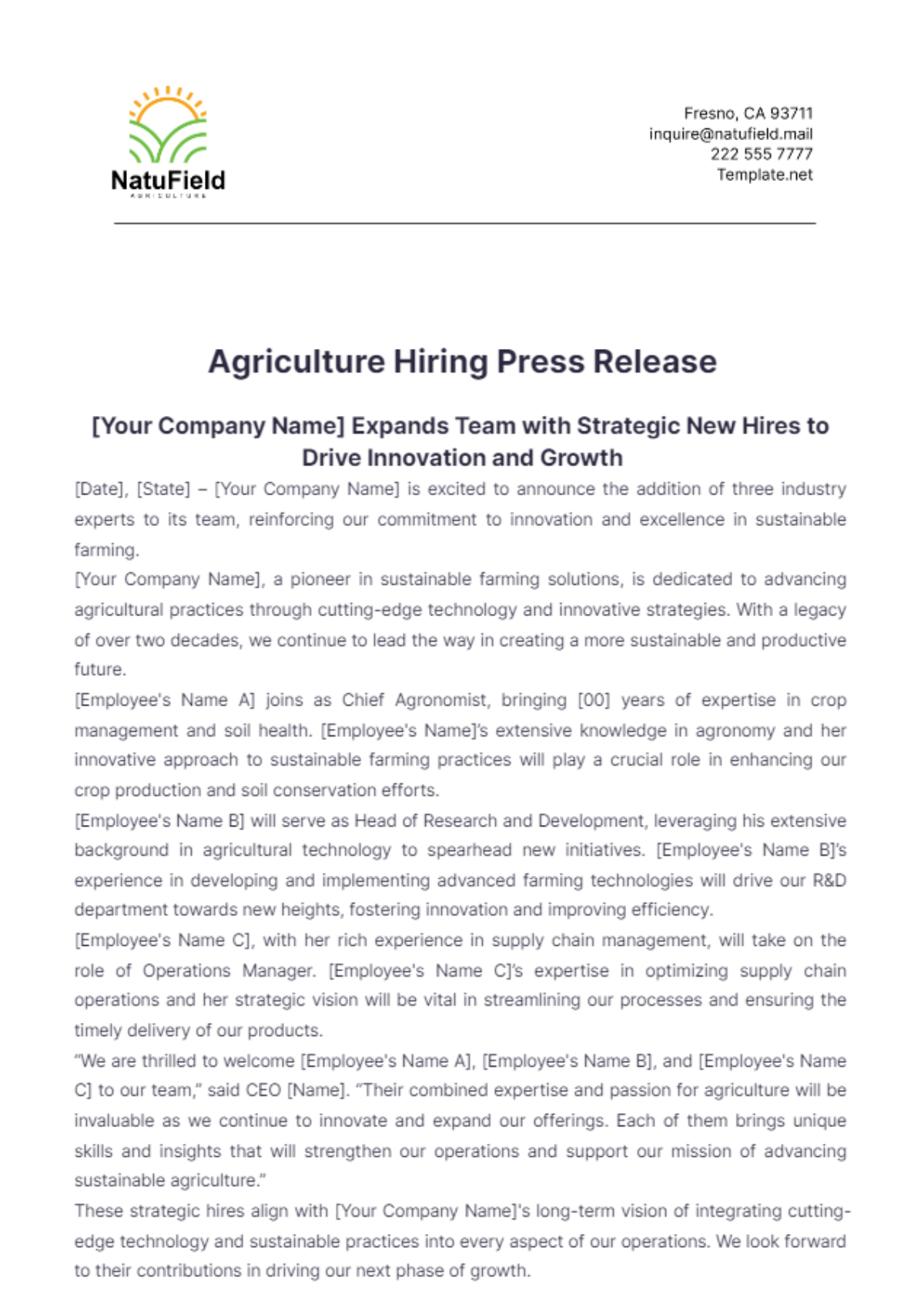 Agriculture Hiring Press Release Template - Edit Online & Download