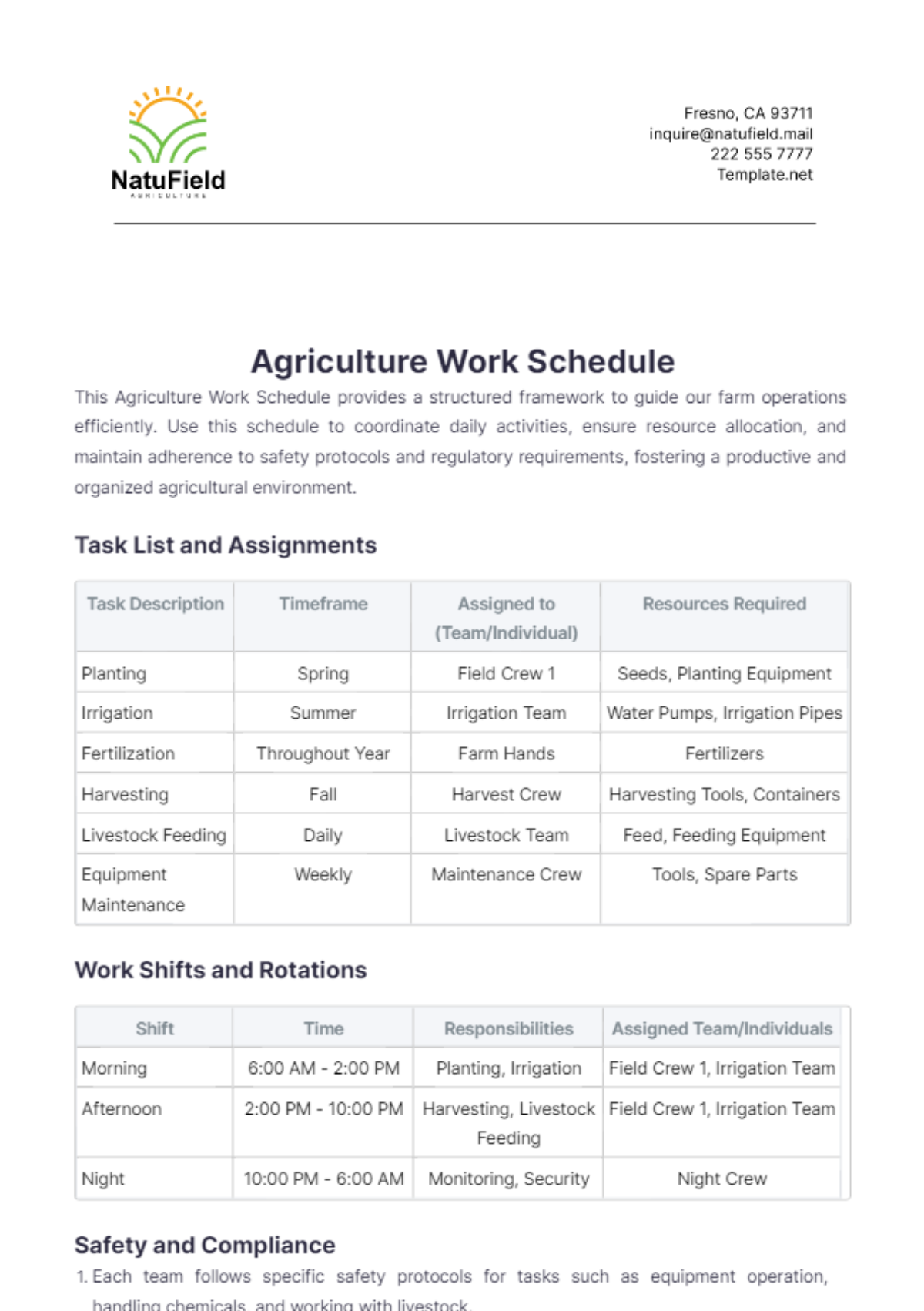 Agriculture Work Schedule Template - Edit Online & Download