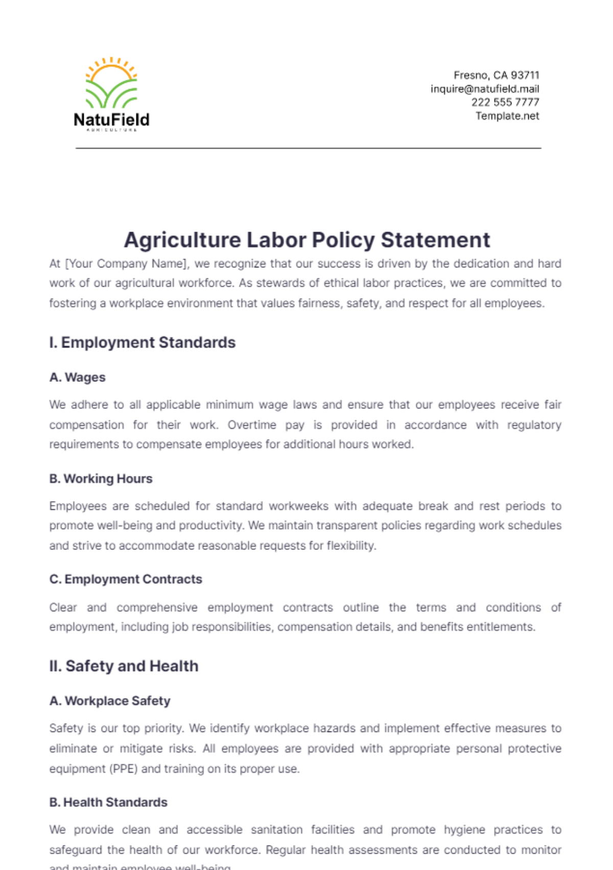 Agriculture Labor Policy Statement Template