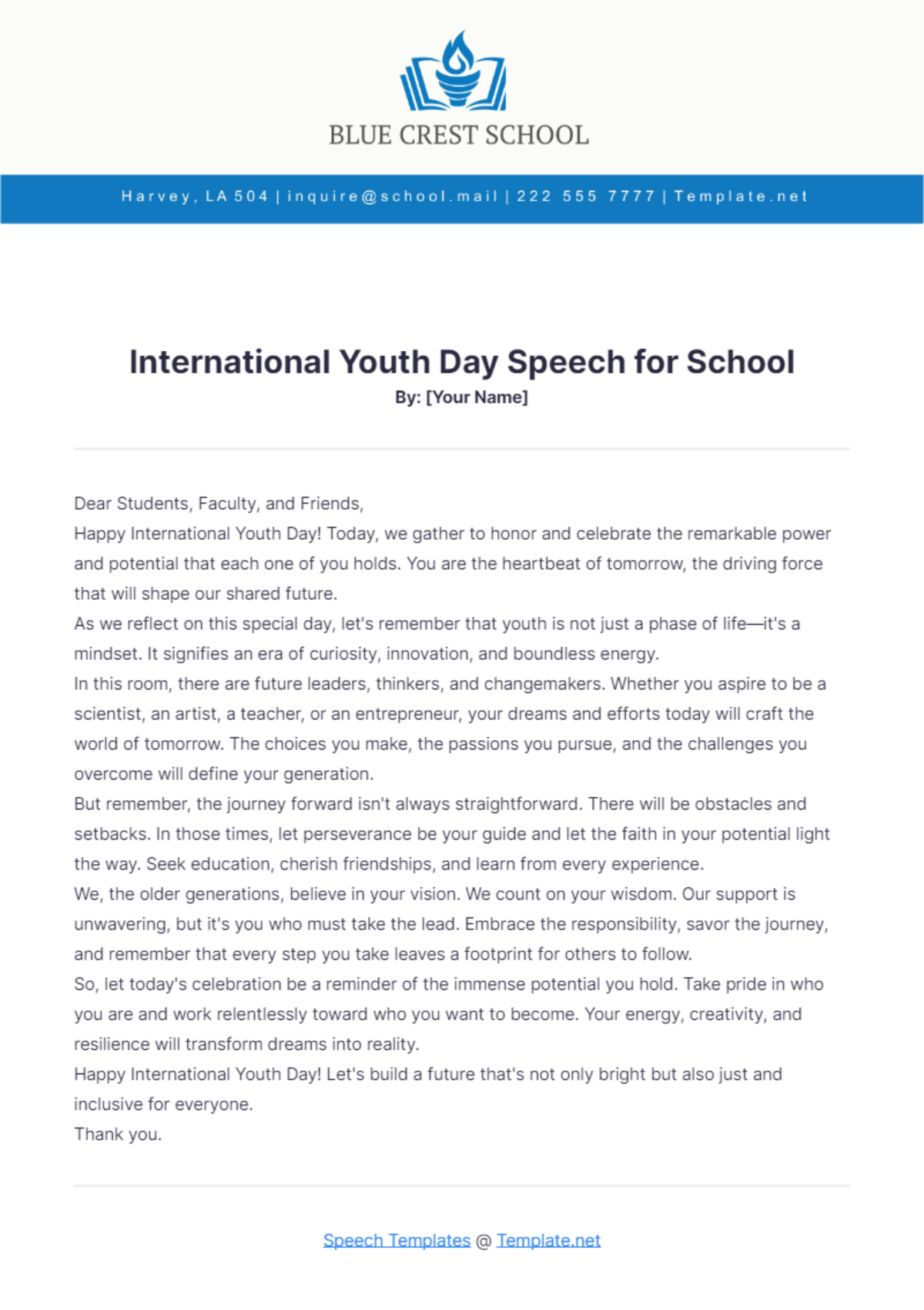 International Youth Day Speech for School Template - Edit Online & Download