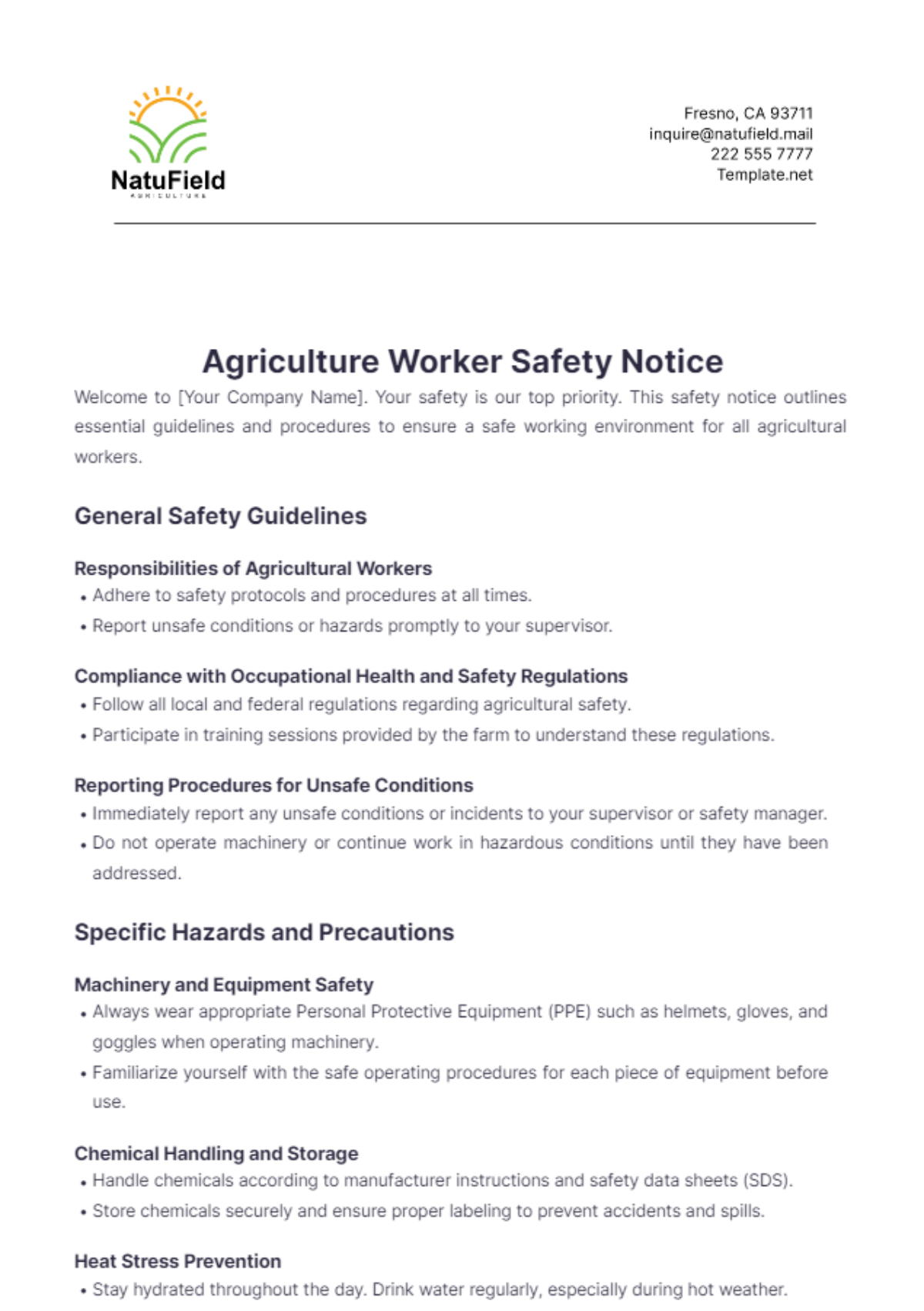 Agriculture Worker Safety Notice Template