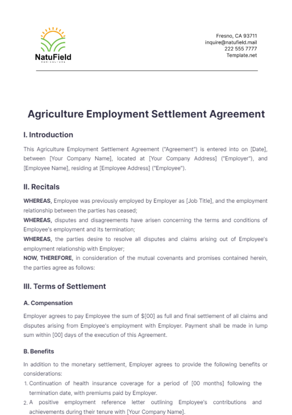 Agriculture Employment Settlement Agreement Template