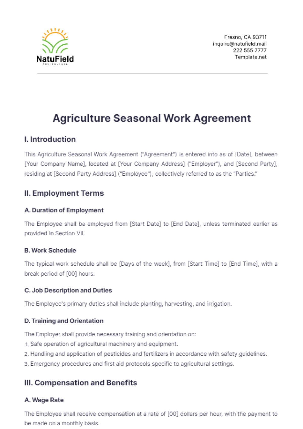 Agriculture Seasonal Work Agreement Template