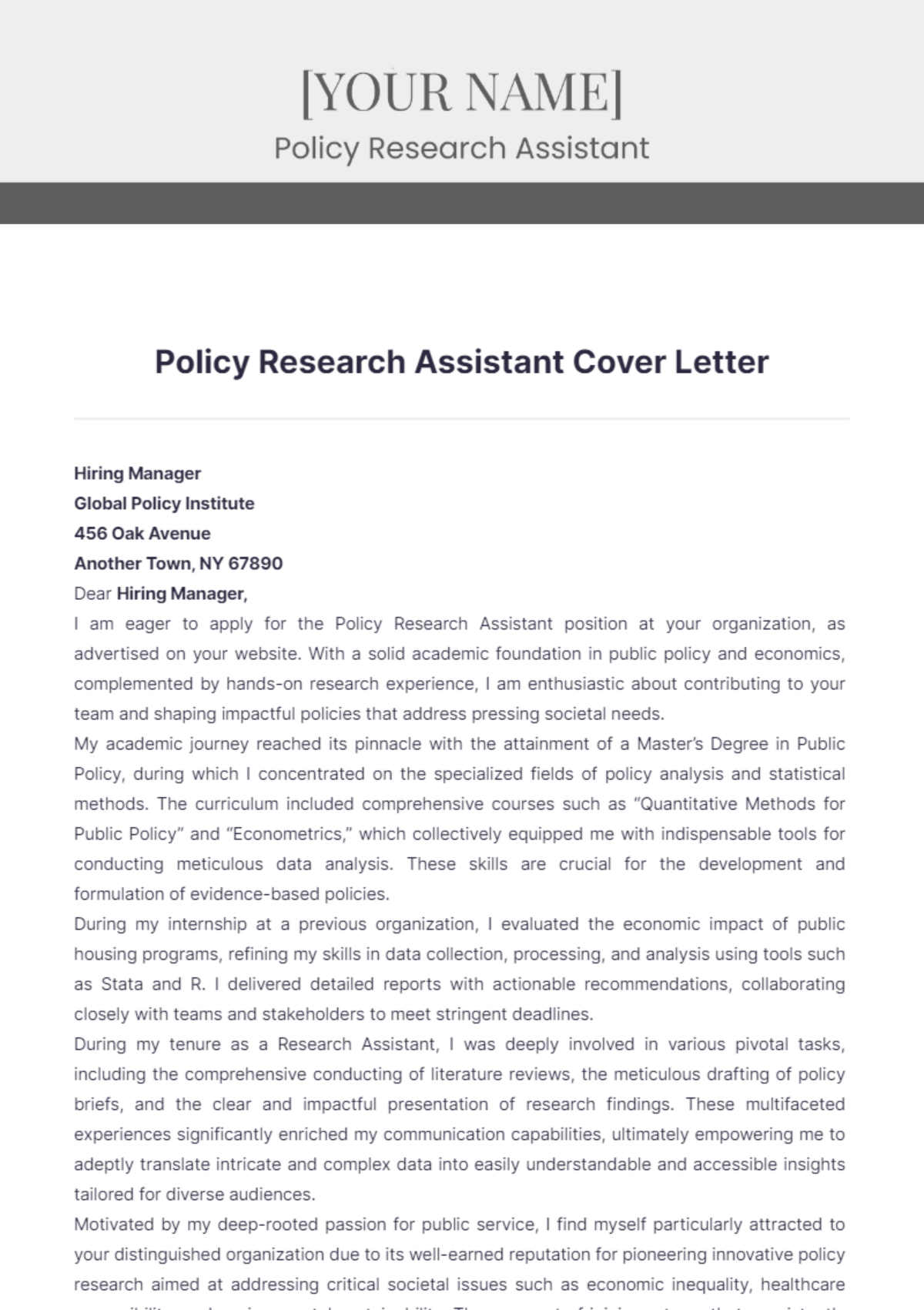 Policy Research Assistant Cover Letter