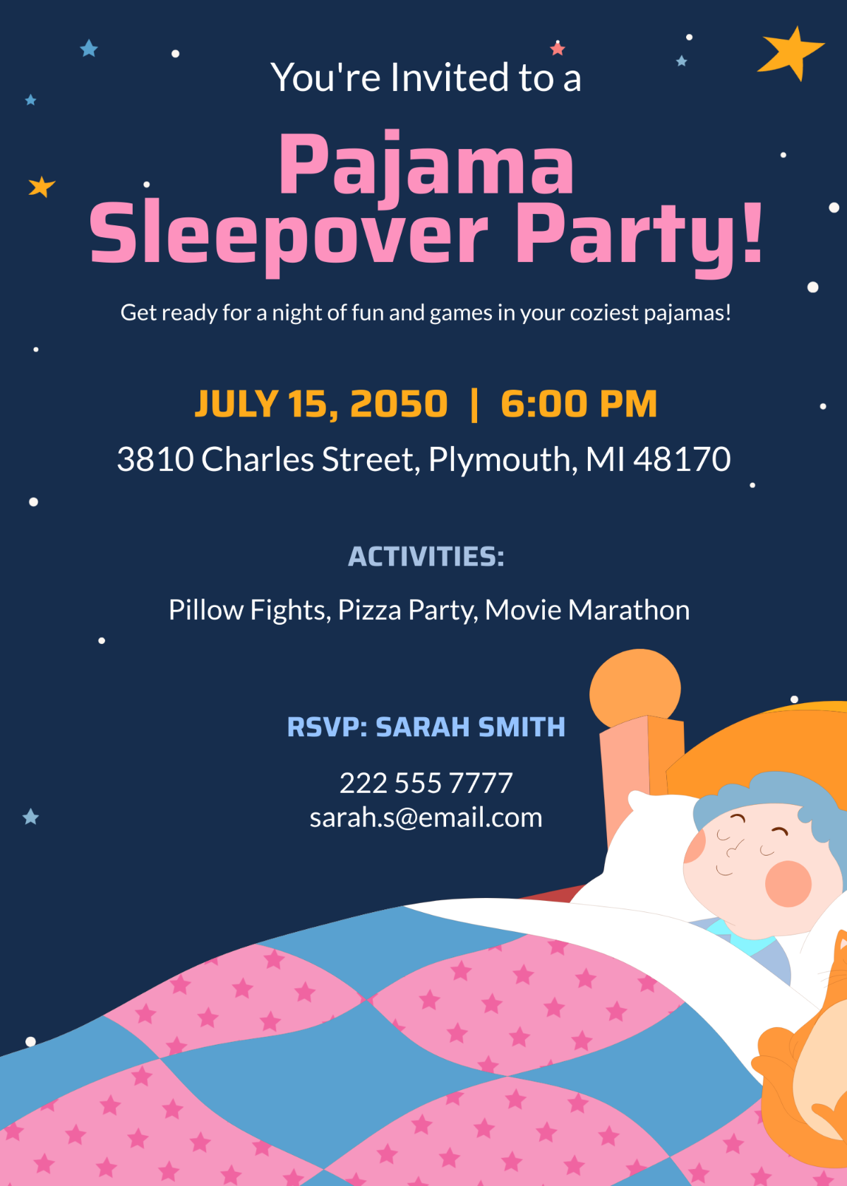 Free Pajama Sleepover Kids Party Invitation Template - Edit Online ...