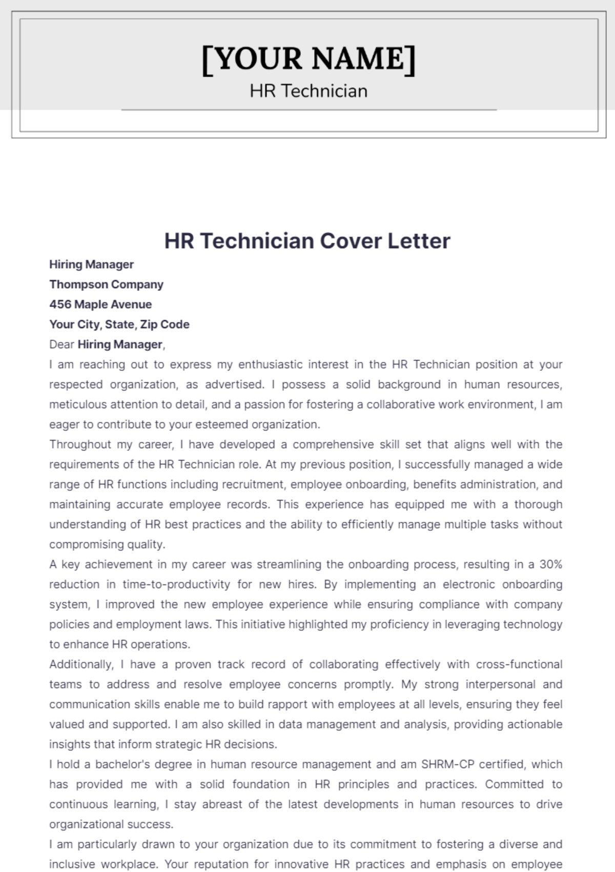 HR Technician Cover Letter