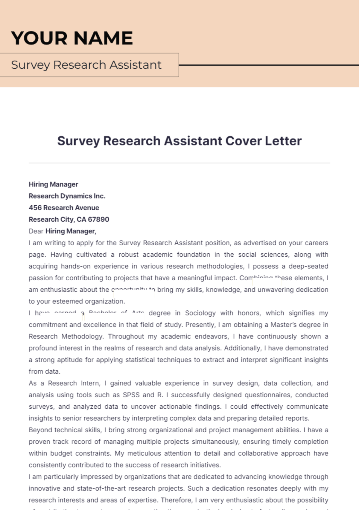 Survey Research Assistant Cover Letter - Edit Online & Download