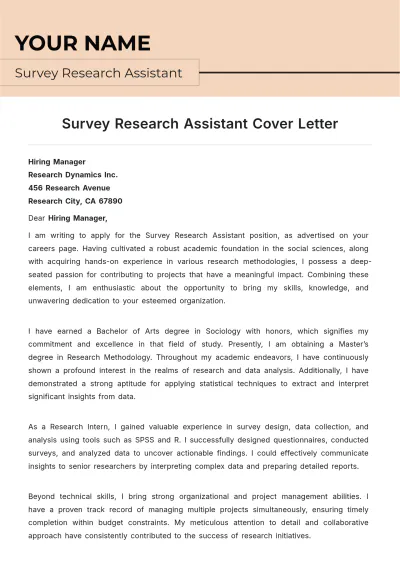 Free Survey Research Assistant Cover Letter to Edit Online