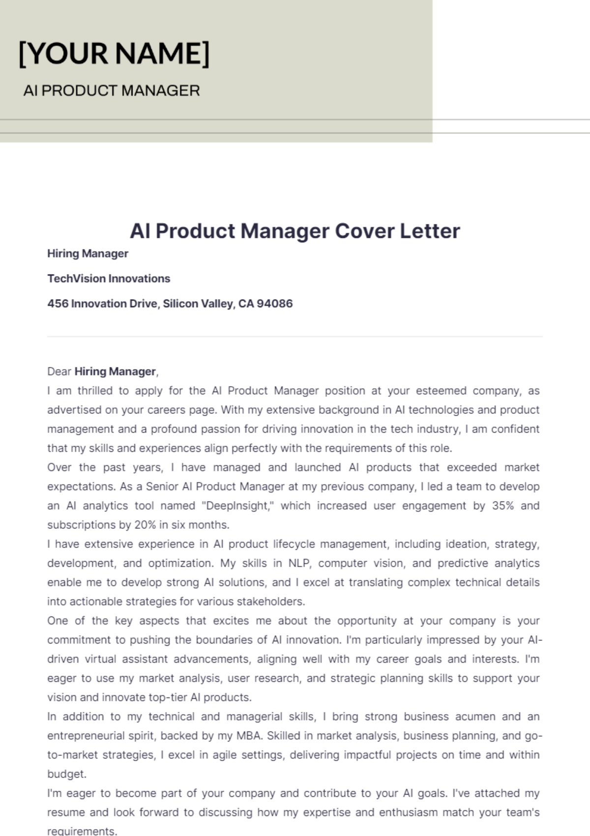 AI Product Manager Cover Letter - Edit Online & Download