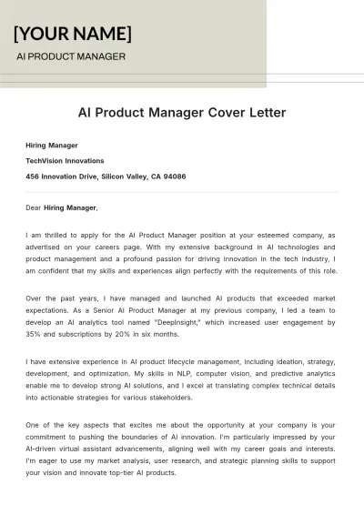 Free AI Product Manager Cover Letter to Edit Online