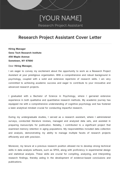 Free Research Project Assistant Cover Letter to Edit Online