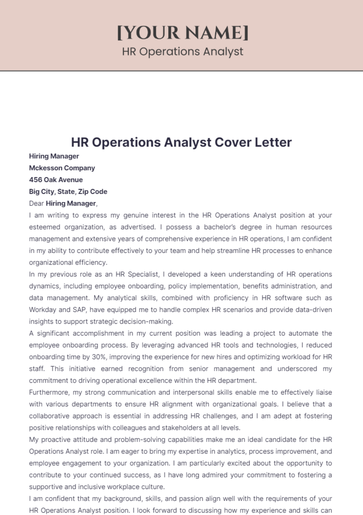 HR Operations Analyst Cover Letter