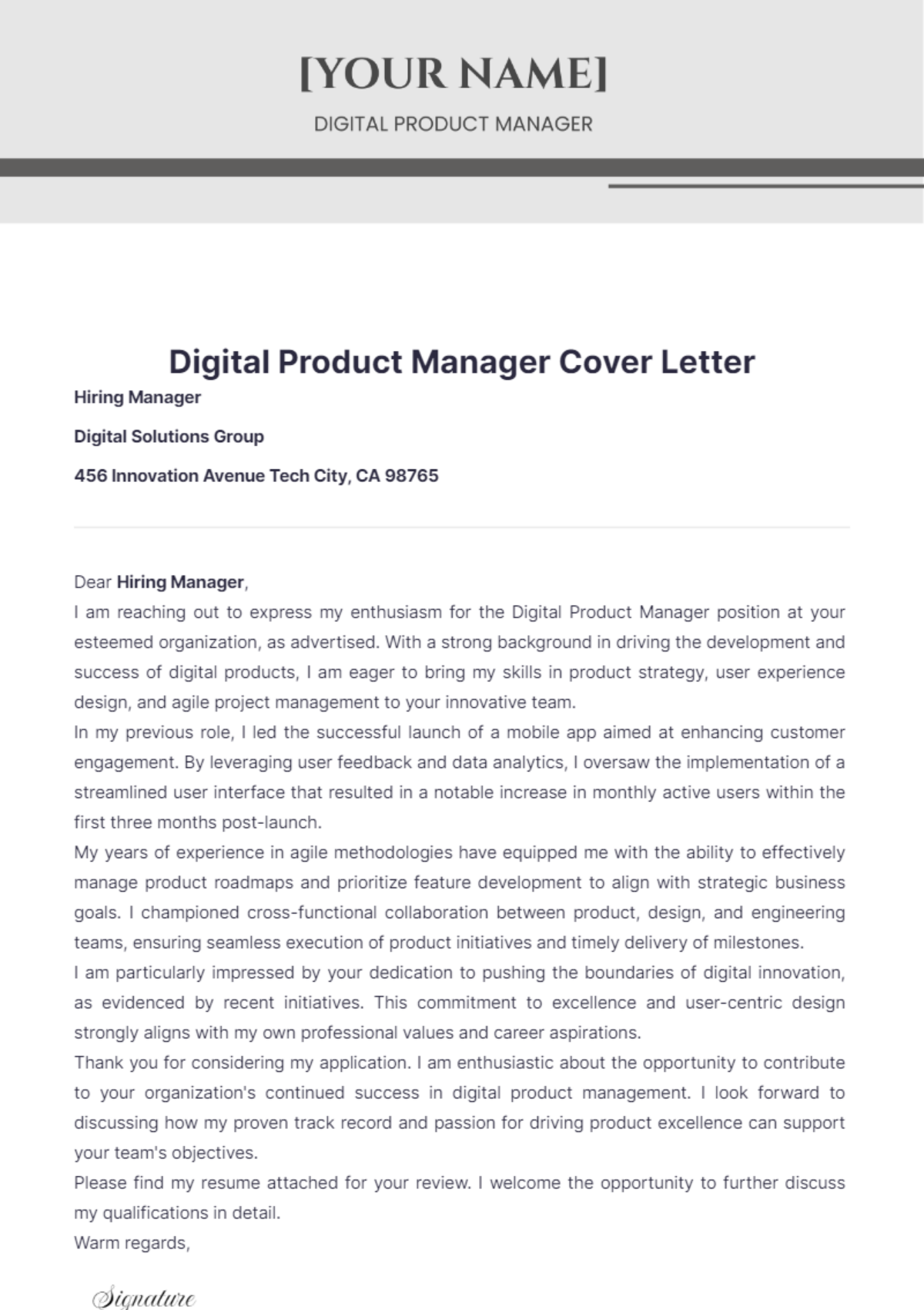 Digital Product Manager Cover Letter