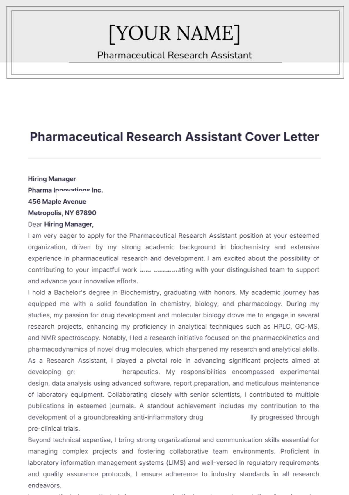 Pharmaceutical Research Assistant Cover Letter