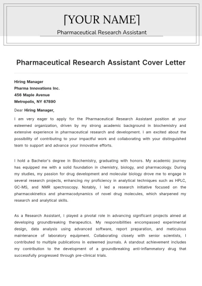 Free Pharmaceutical Research Assistant Cover Letter to Edit Online
