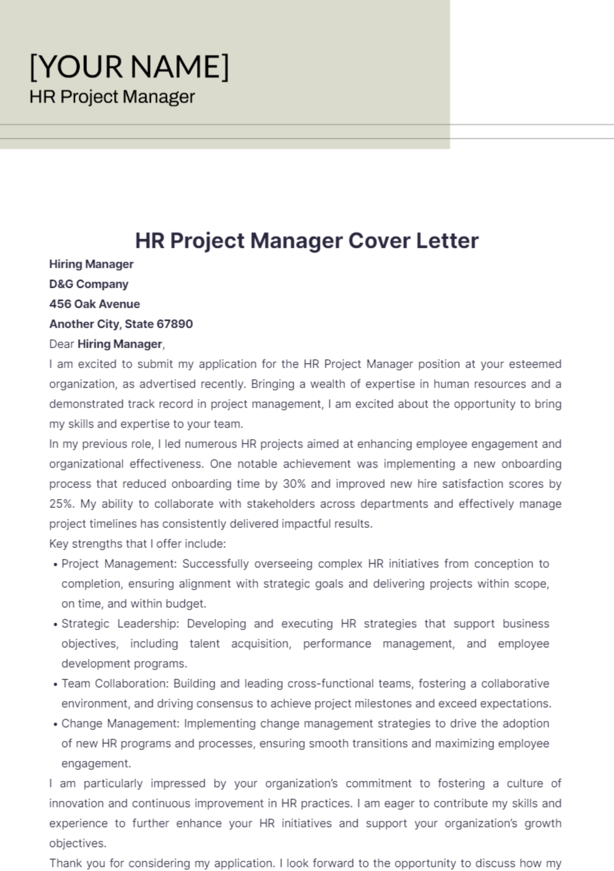 HR Project Manager Cover Letter