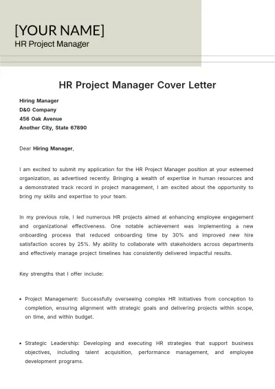 Free HR Project Manager Cover Letter to Edit Online