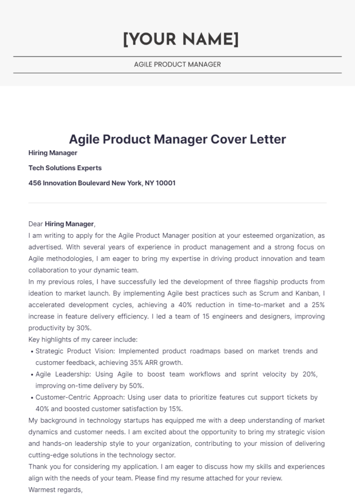 Agile Product Manager Cover Letter