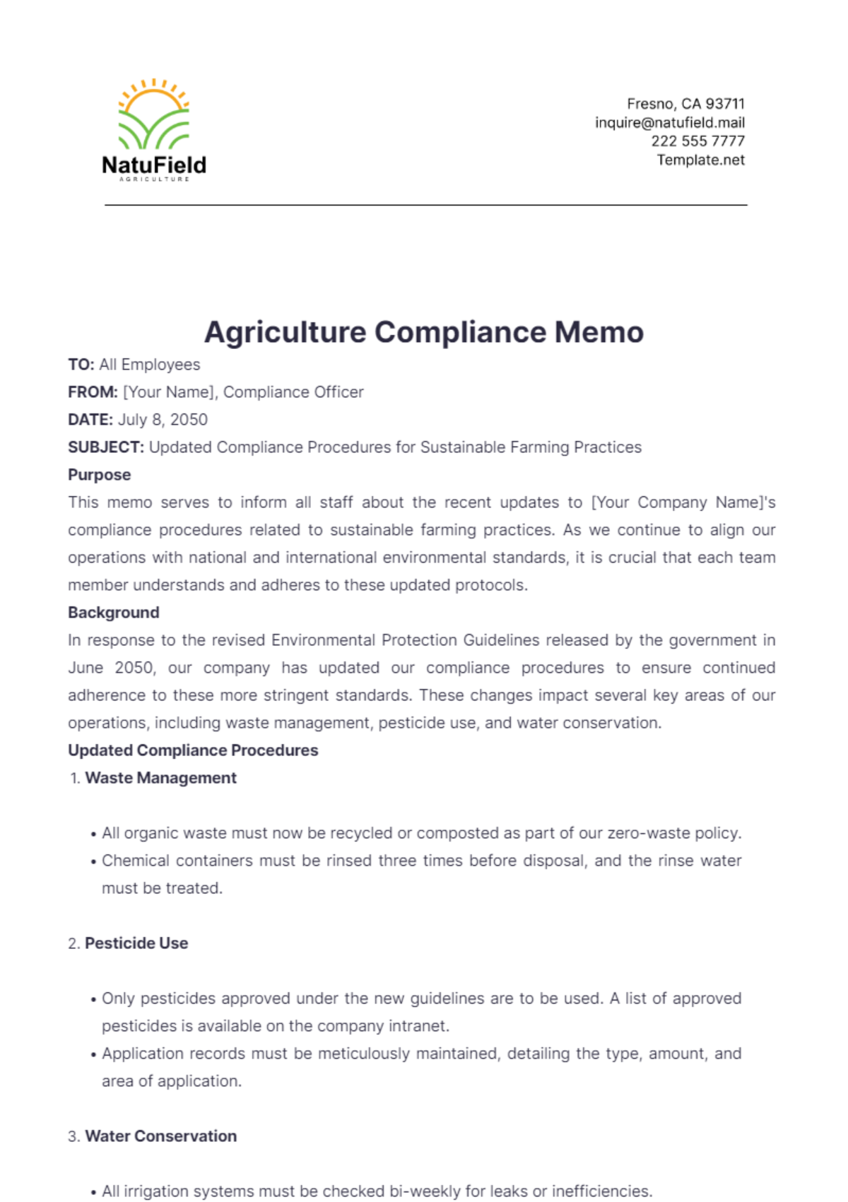 Agriculture Compliance Memo Template - Edit Online & Download