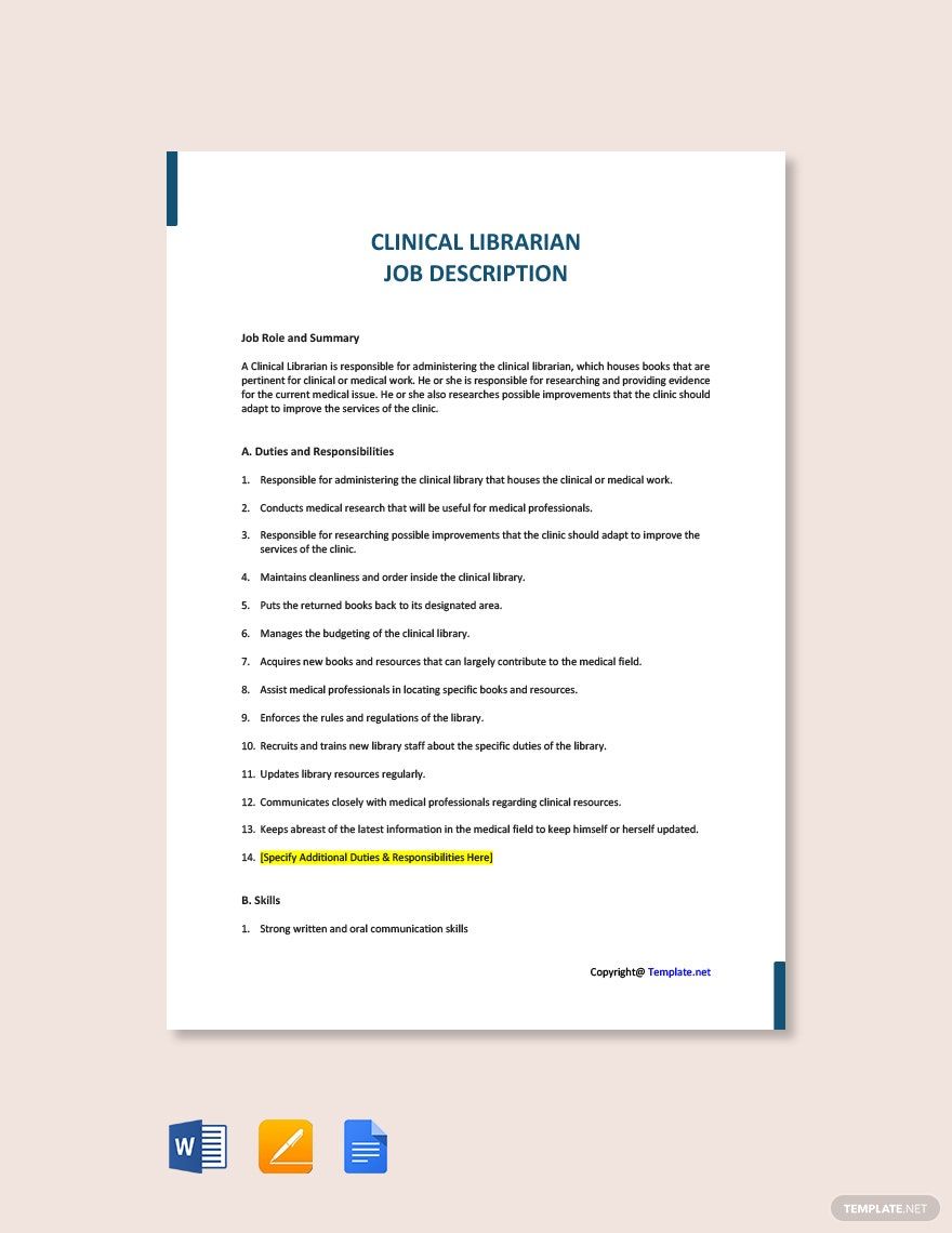 Free Clinical Librarian Job Description Download In Word Google Docs 