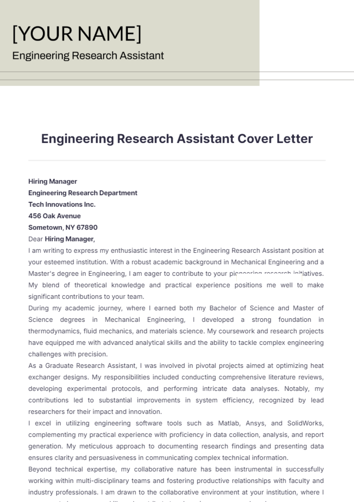 Engineering Research Assistant Cover Letter