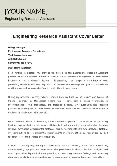 Free Engineering Research Assistant Cover Letter to Edit Online