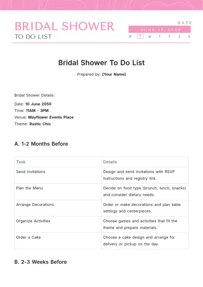 Free Bridal Shower To Do List Template to Edit Online