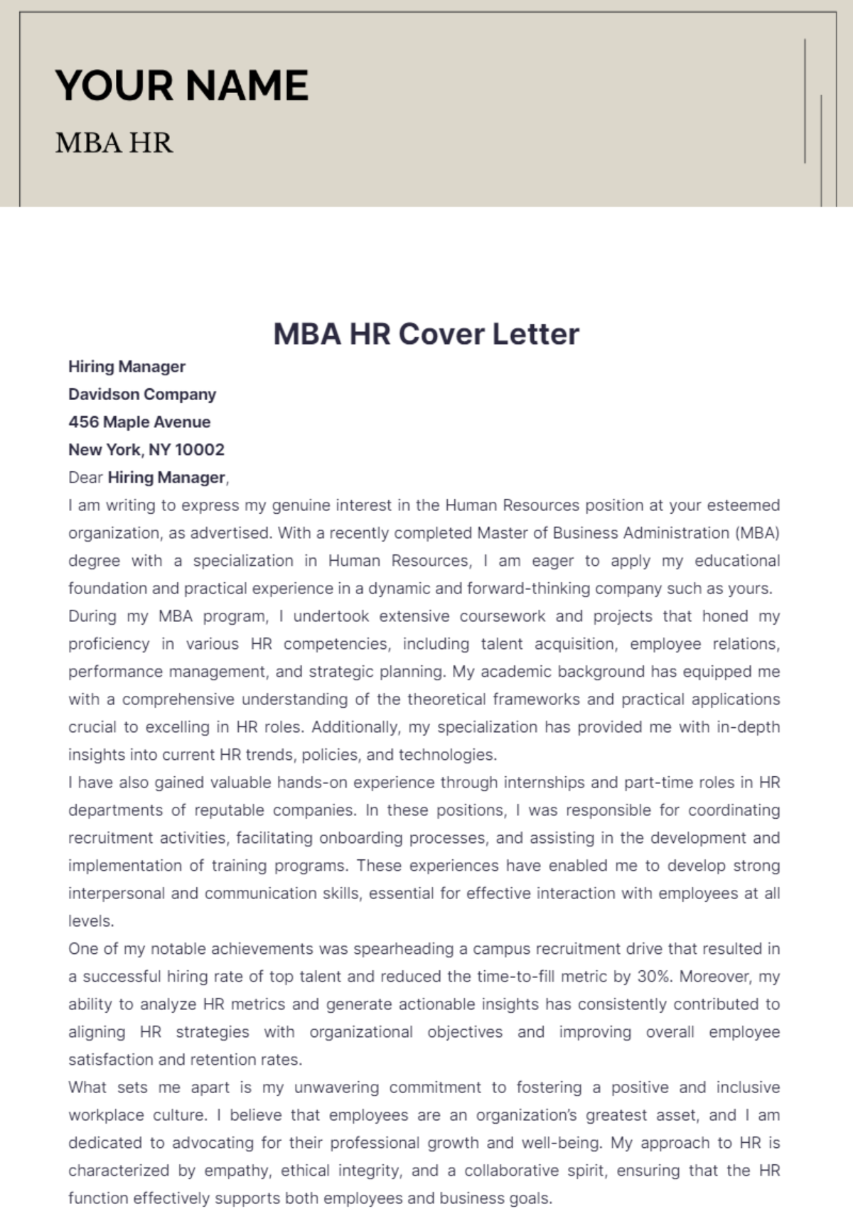 MBA HR Cover Letter