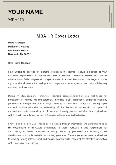 Free MBA HR Cover Letter to Edit Online