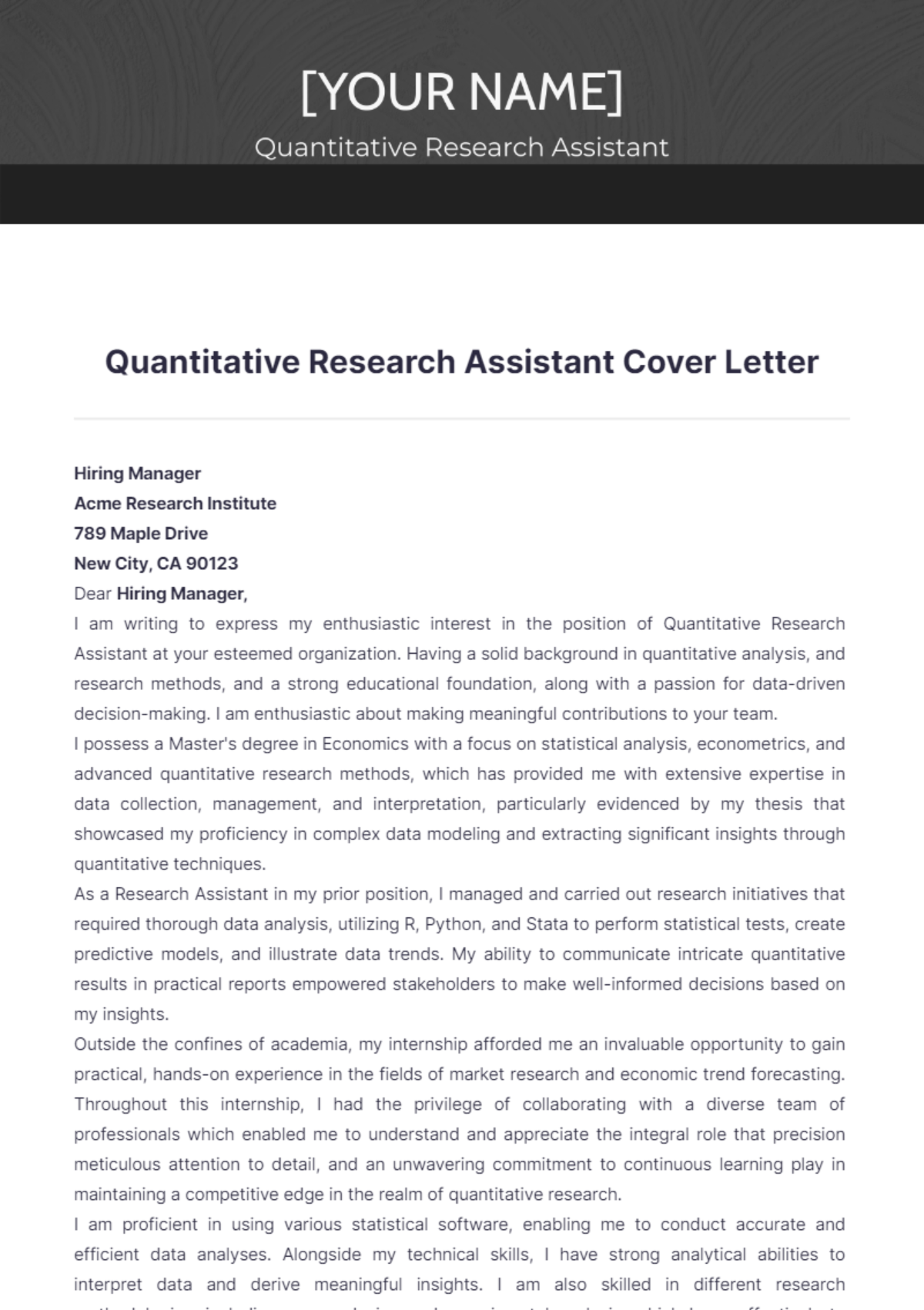 Quantitative Research Assistant Cover Letter - Edit Online & Download