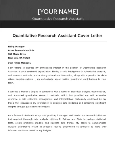 Free Quantitative Research Assistant Cover Letter to Edit Online