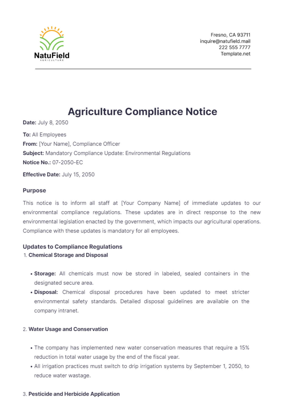 Agriculture Compliance Notice Template