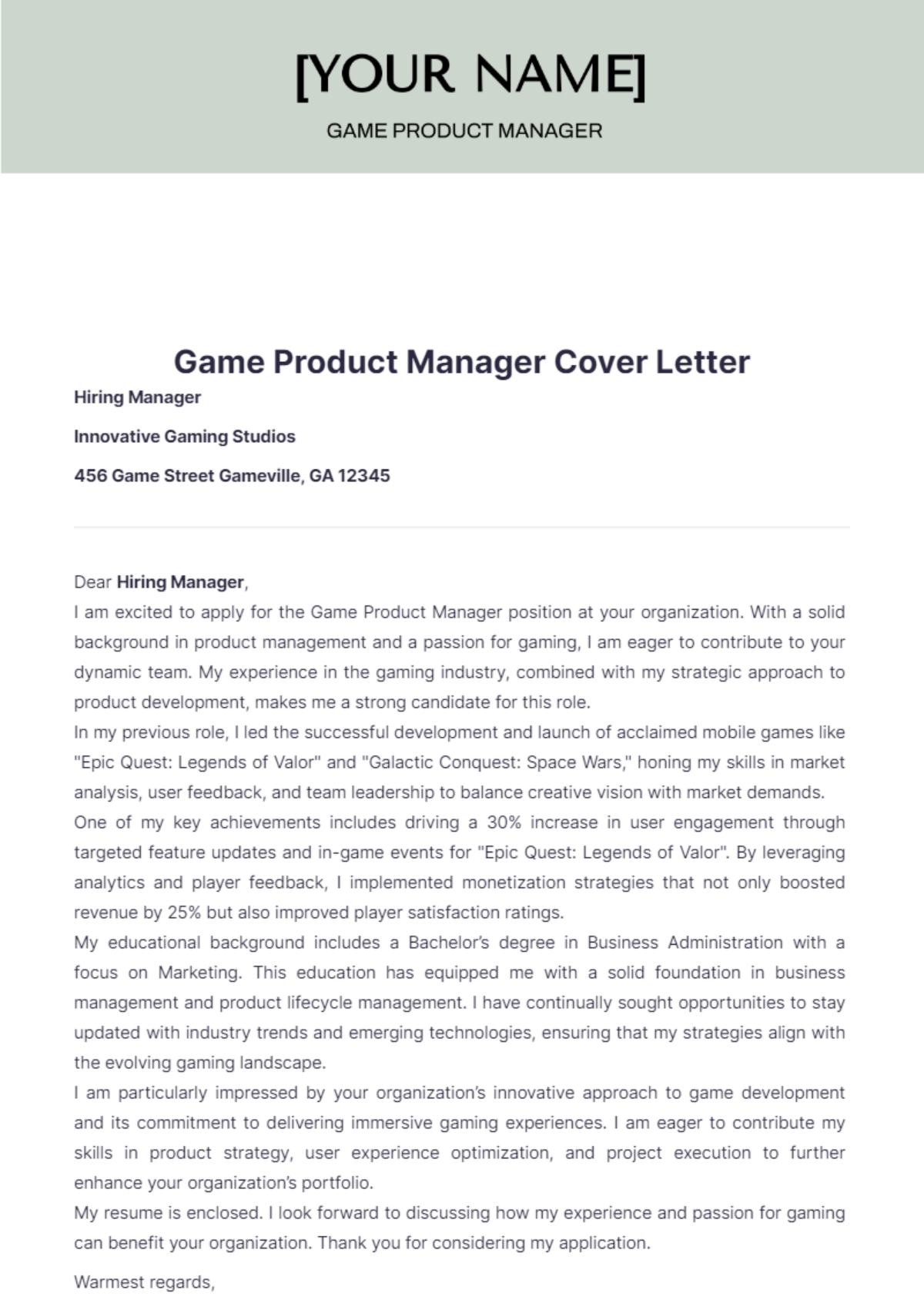 Game Product Manager Cover Letter