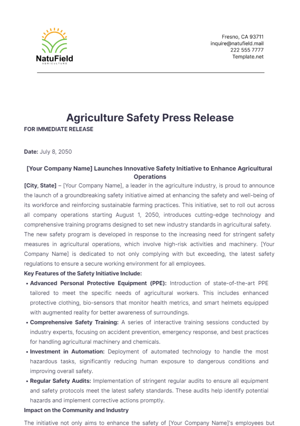 Agriculture Safety Press Release Template - Edit Online & Download