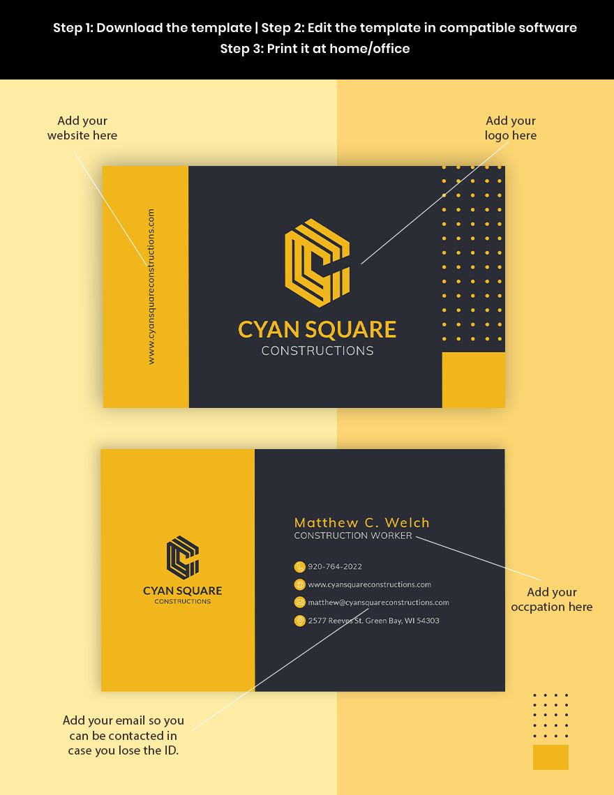 Commercial Construction Worker Business Card Template