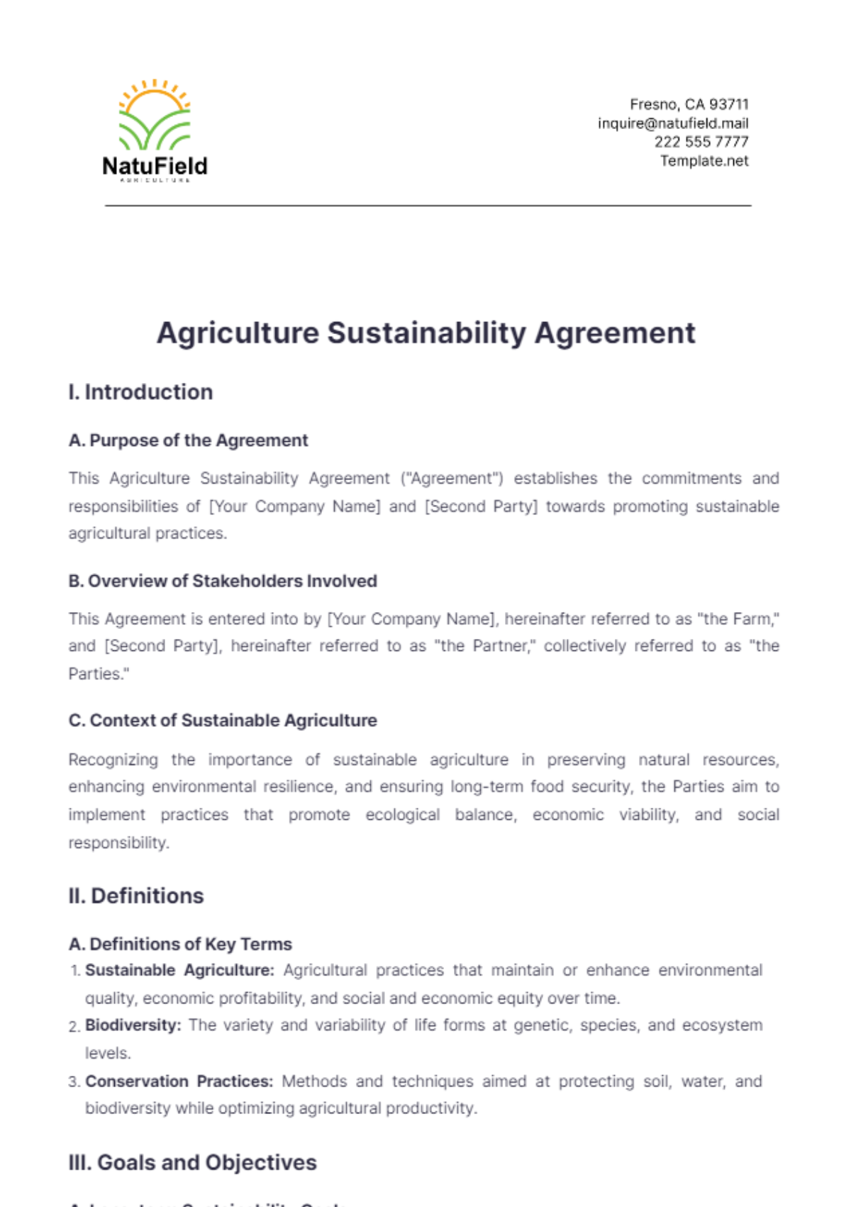 Agriculture Sustainability Agreement Template - Edit Online & Download