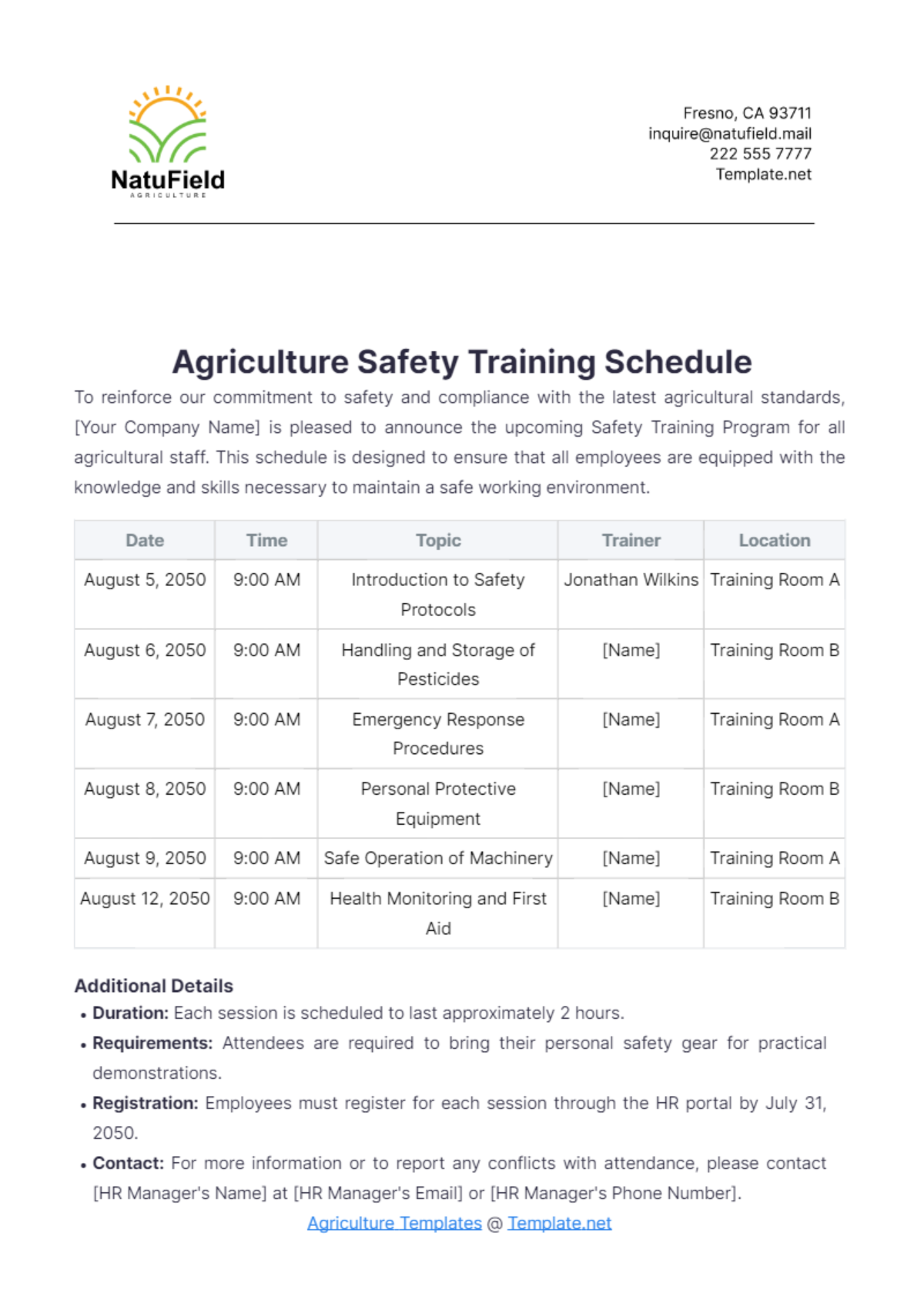 Agriculture Safety Training Schedule Template - Edit Online & Download