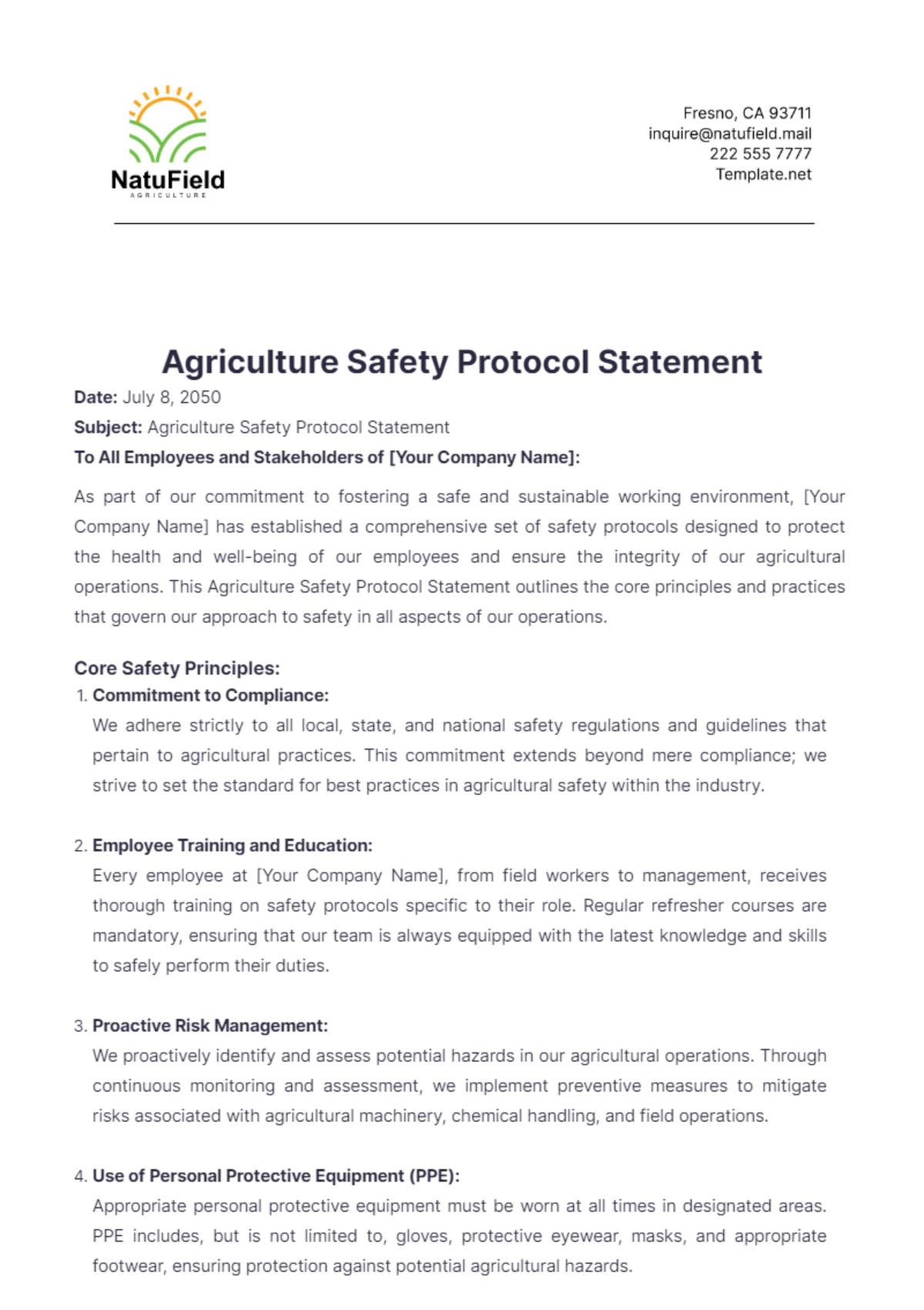 Agriculture Safety Protocol Statement Template - Edit Online & Download