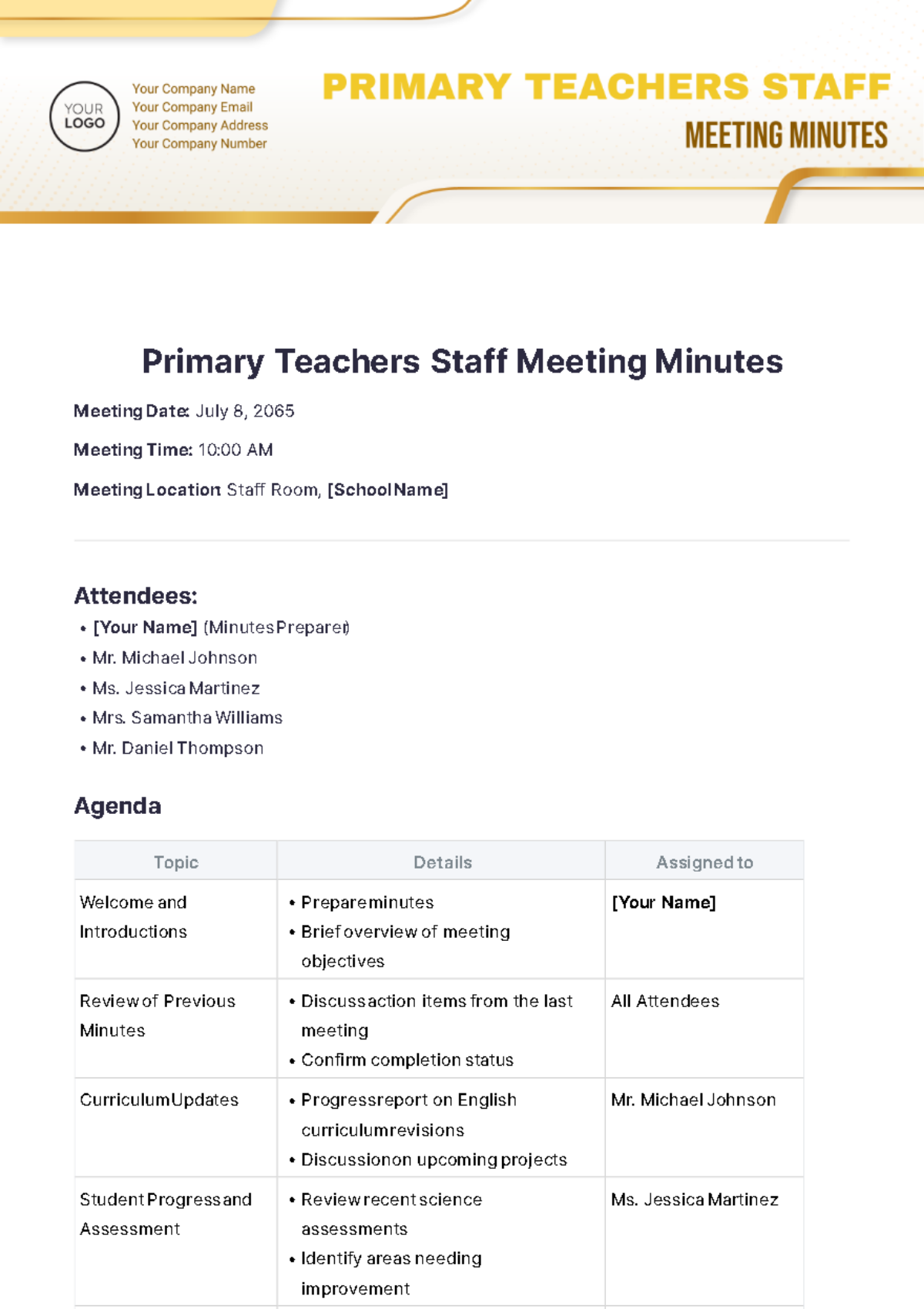 Primary Teachers Staff Meeting Minutes Template - Edit Online & Download