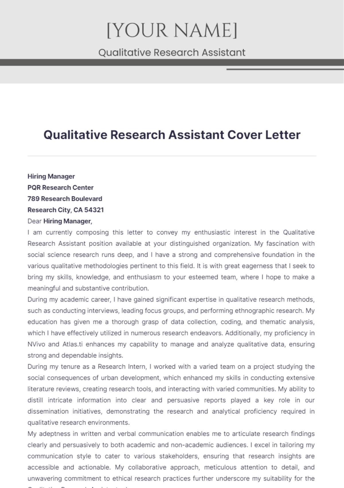 Qualitative Research Assistant Cover Letter - Edit Online & Download