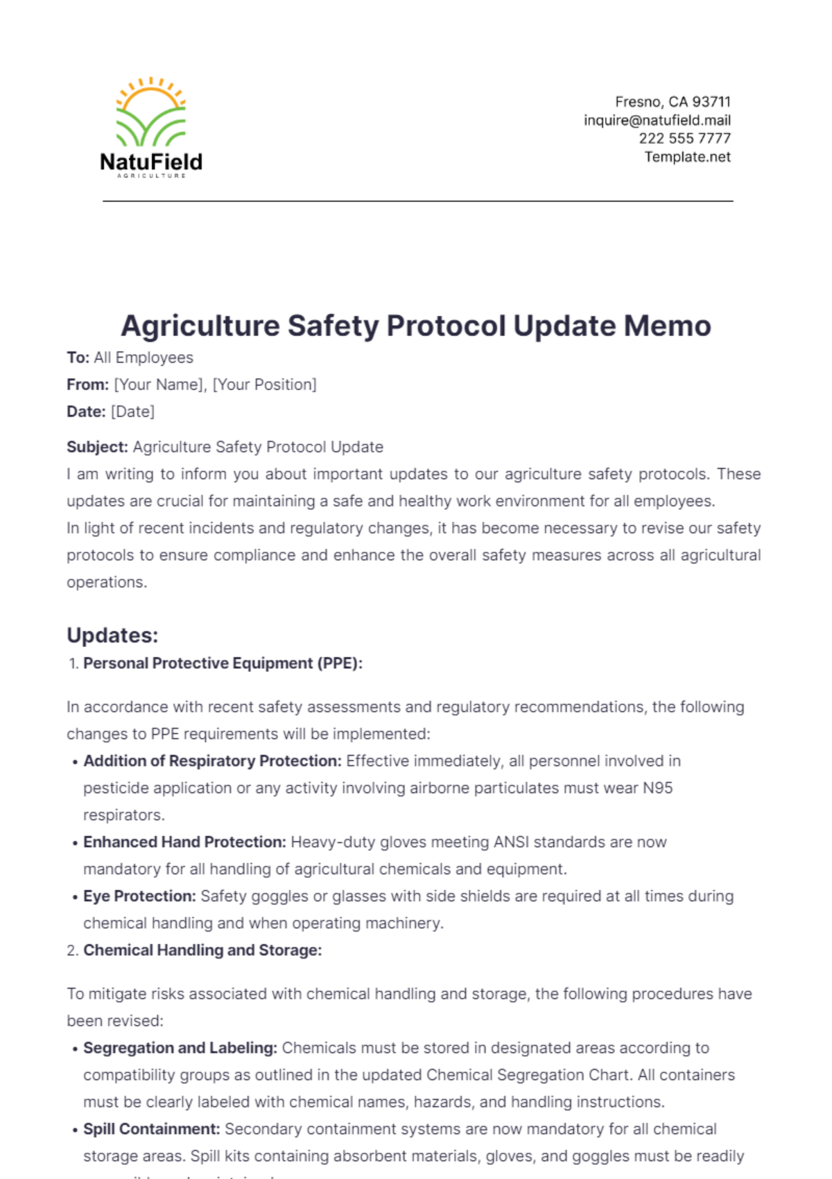 Agriculture Safety Protocol Update Memo Template - Edit Online & Download