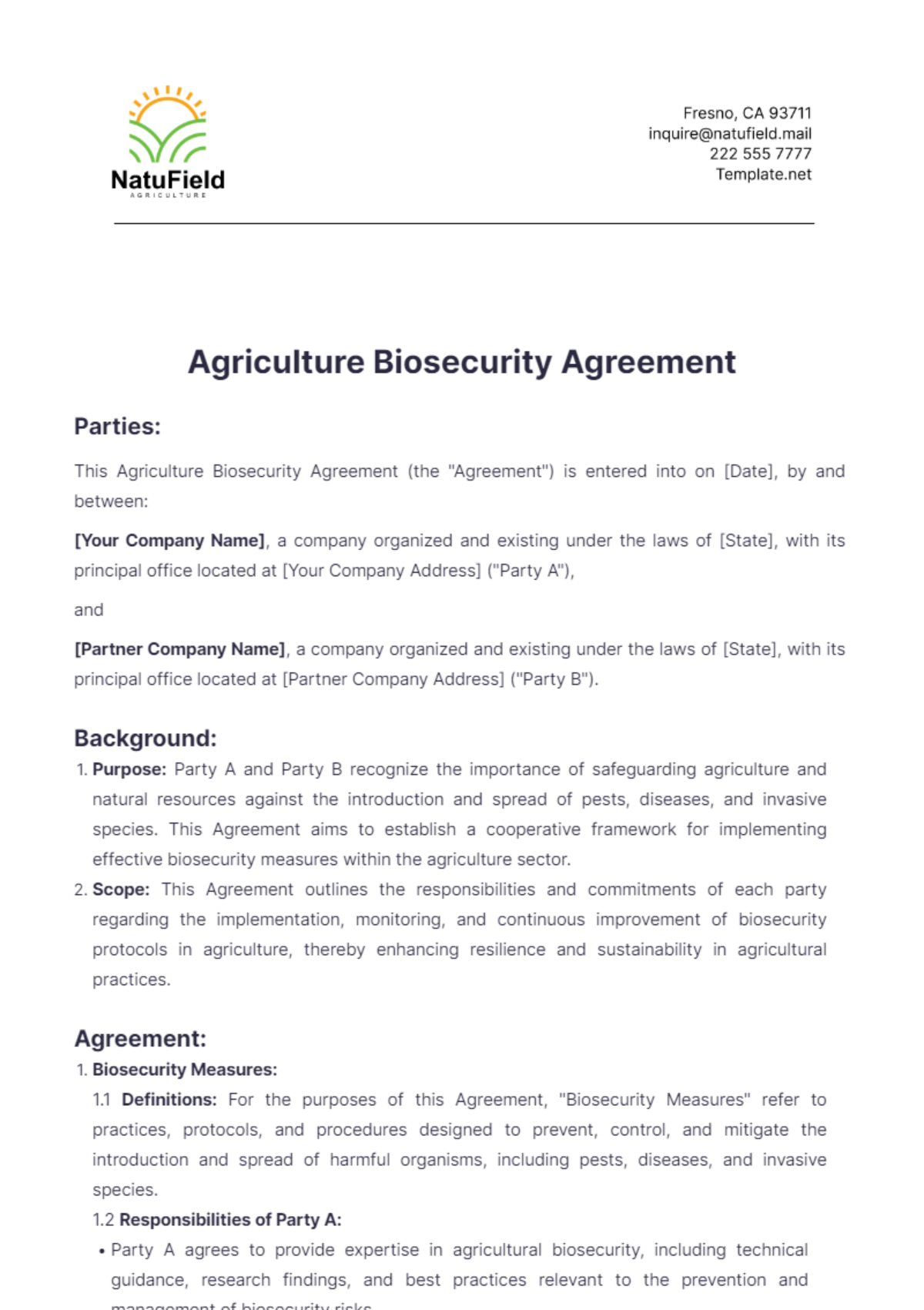 Agriculture Biosecurity Agreement Template