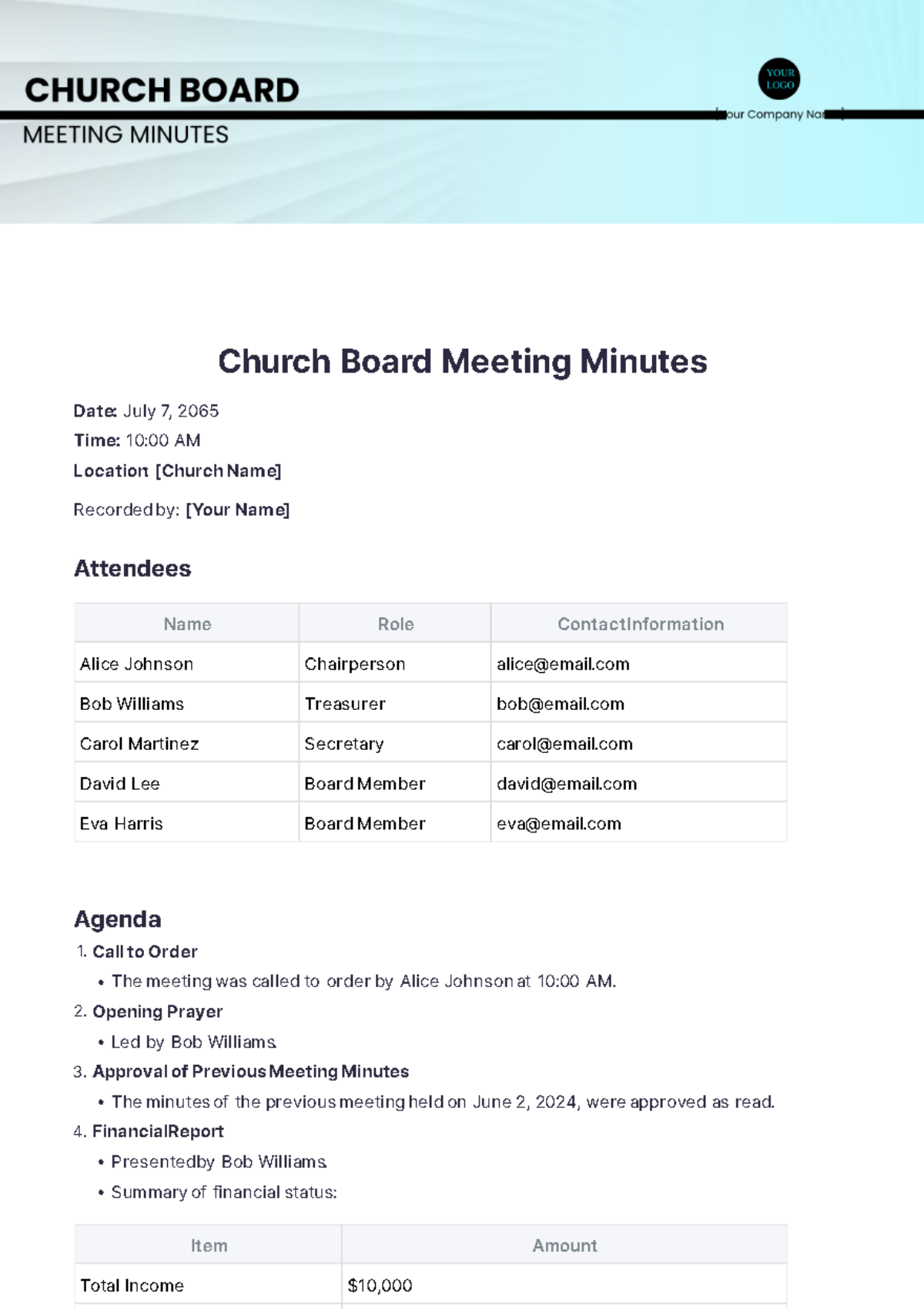 Church Board Meeting Minutes Template - Edit Online & Download