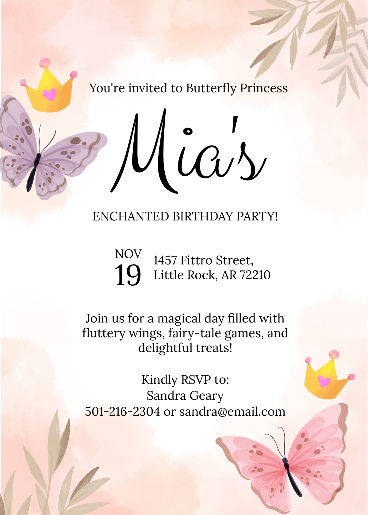 Butterfly Princess Birthday Invitation