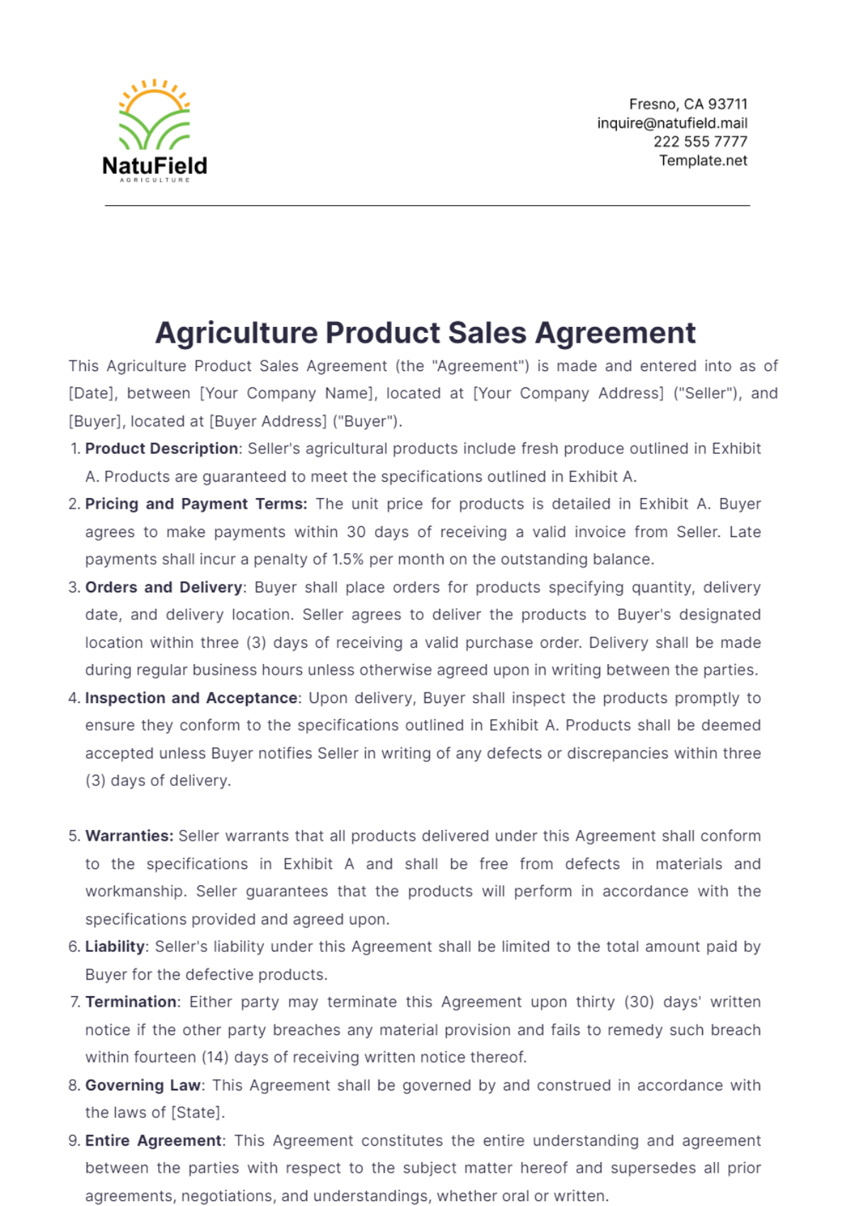 Agriculture Product Sales Agreement Template